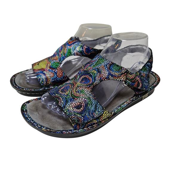 Alegria Viki Needlework Print‎ Leather Sandals 39 9 Black Multi Dot - Picture 1 of 8
